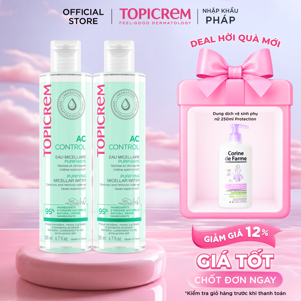 COMBO 2 Nước tẩy trang dành cho da dầu mụn TOPICREM AC CONTROL PURIFYING MICELLAR WATER 200ML