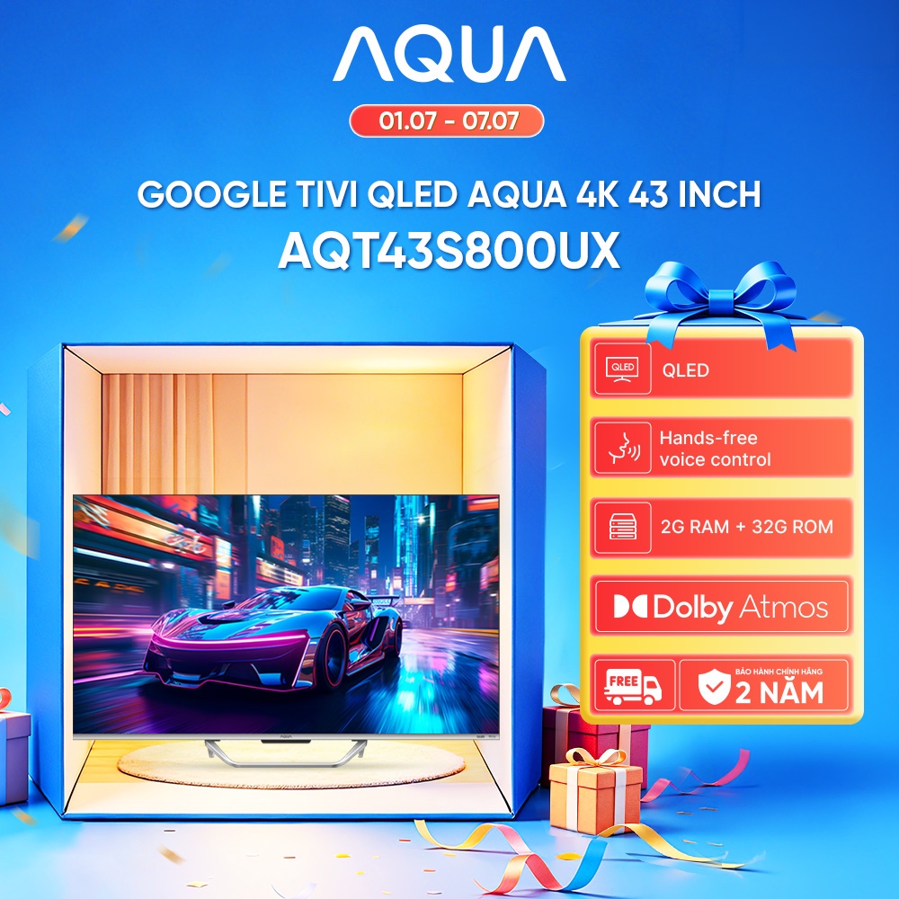 Google Tivi Aqua QLED 4K 43 inch AQT43S800UX - Viền mỏng 0.3cm - Bảo hành 1 đổi 1 trong 730 ngày đối với lỗi màn hình