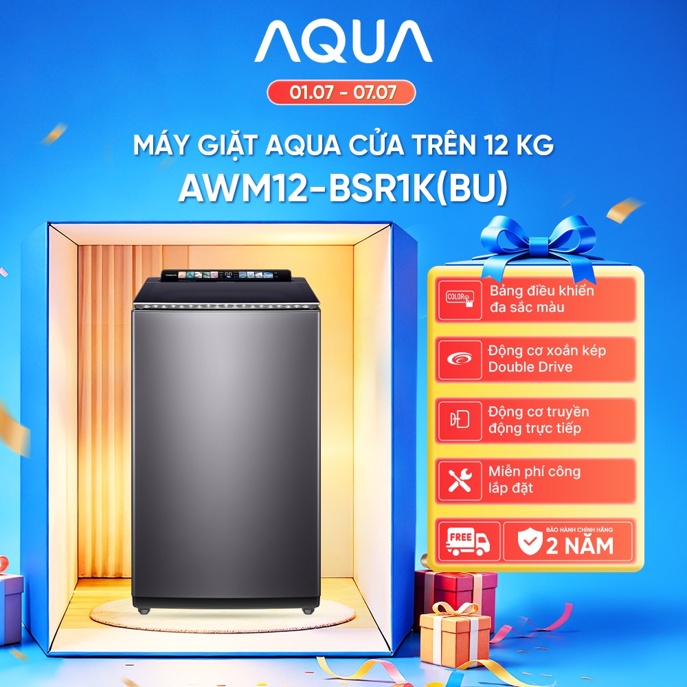 Máy giặt cửa trên Inverter AQUA 12kg  AWM12-BSR1K(BU) - Bảng điều khiển màu - Freeship toàn quốc