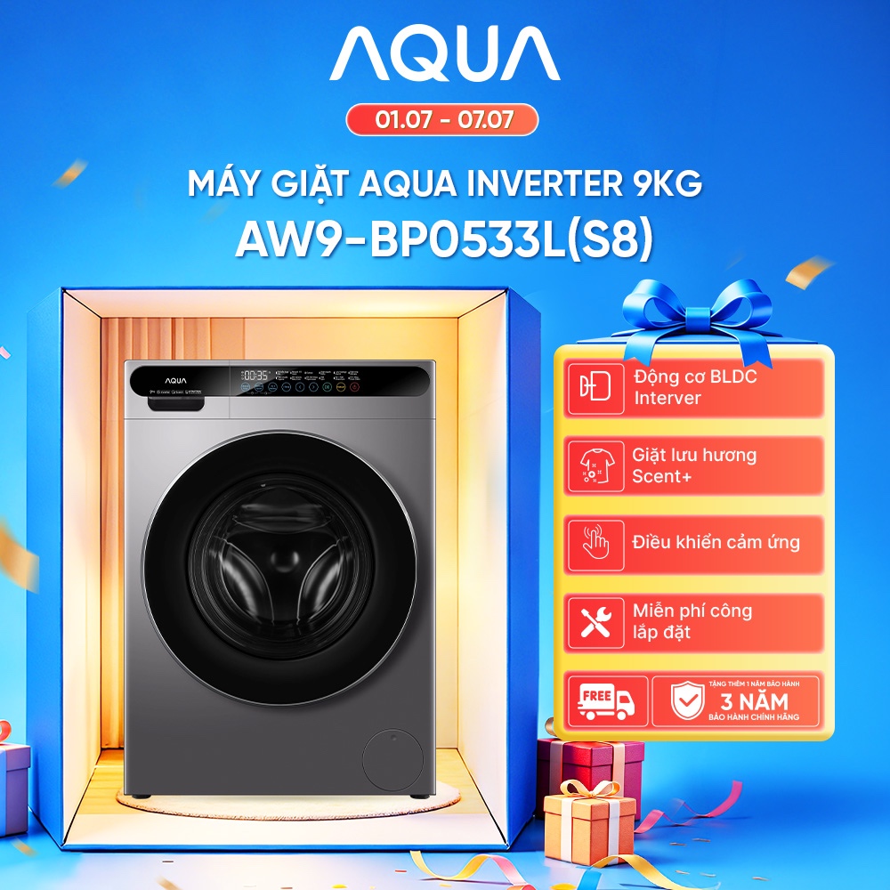 Máy giặt cửa trước AQUA Inverter 9kg AW9-BP0533L(S8) - Bảo hành 2 năm - Freeship toàn quốc