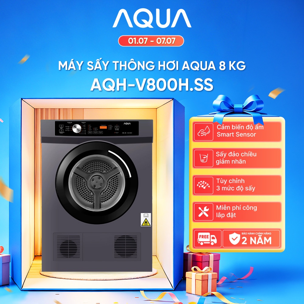 [SALE SỐC] Máy sấy thông hơi Aqua 8 kg AQH-V800H.SS - Freeship toàn quốc - Bảo hành 2 năm