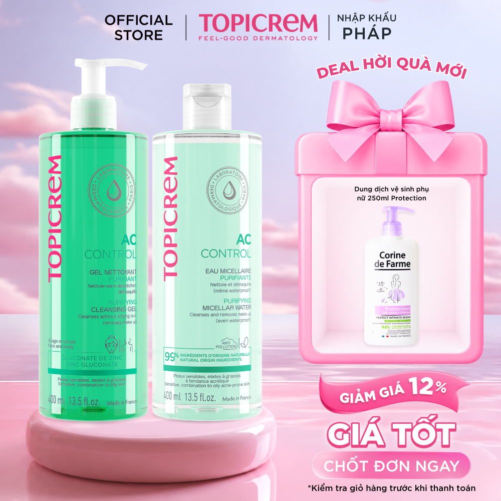 [Combo làm sạch AC Control 400ml] Combo tẩy trang và rửa mặt AC Control Purifying Micellar Water và Cleansing Gel 400ml