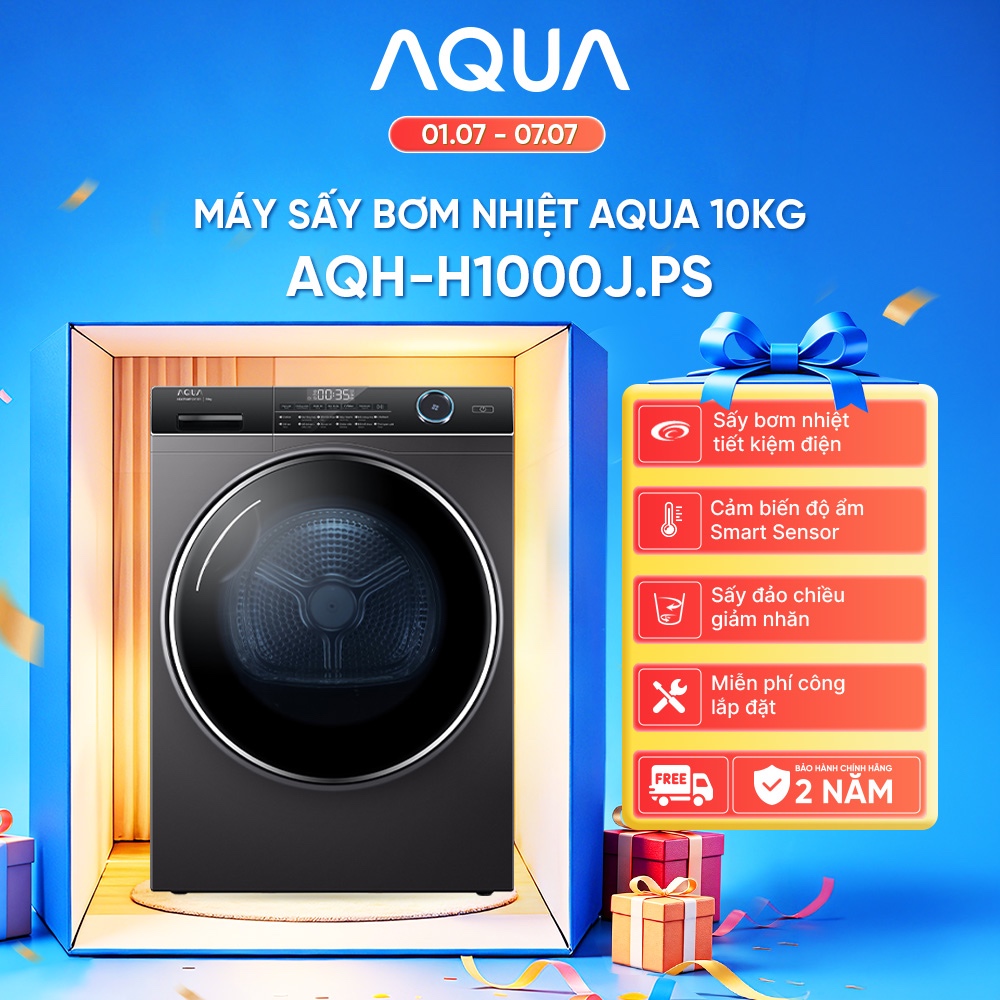 [SALE SỐC] Máy sấy bơm nhiệt Aqua 10kg AQH-H1000J.PS - Freeship toàn quốc - Bảo hành 2 năm