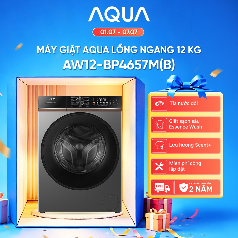Máy giặt lồng ngang AQUA 12kg AW12-BP4657M(B)-  Freeship toàn quốc - Bảo hành 2 năm