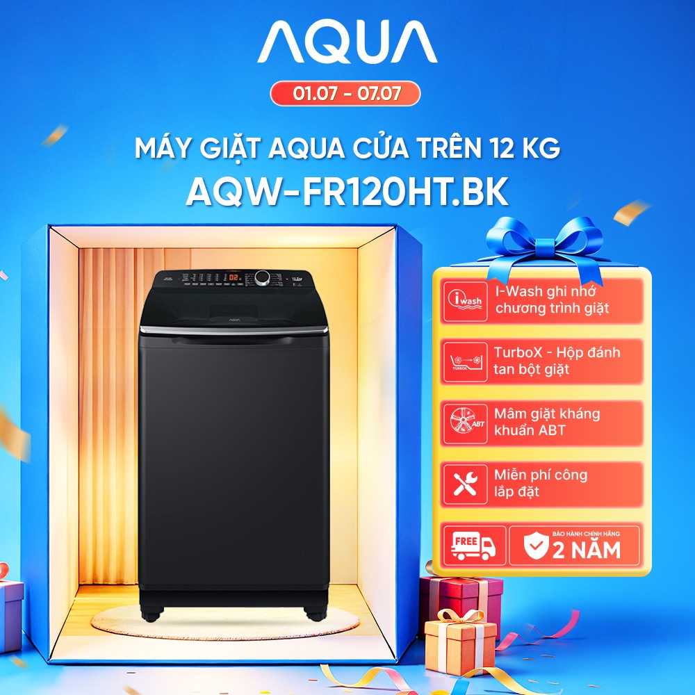 Máy giặt cửa trên Aqua 12KG AQW-FR120HT.BK - Bảo hành 2 năm - Freeship toàn quốc - Hỗ trợ đồng kiểm