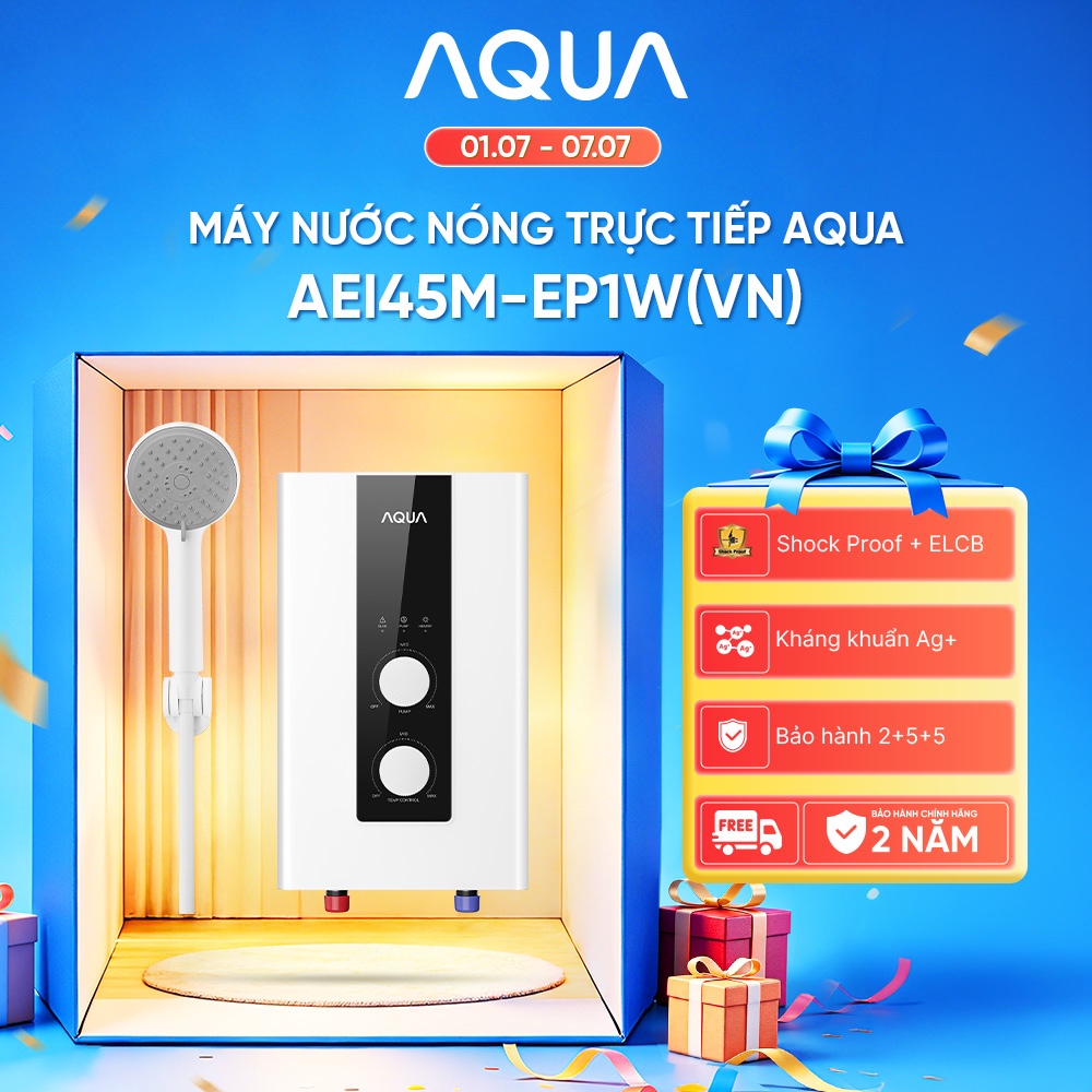 Máy nước nóng trực tiếp Aqua AEI45M-EP1W(VN) - Có bơm - Chống giật chủ động ShockProof - Freeship toàn quốc