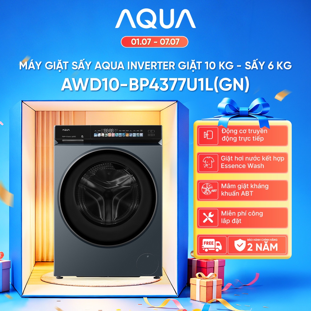Máy giặt sấy lồng ngang AQUA Inverter giặt 10kg - sấy 6kg AWD10-BP4377U1L(GN) - Bảo hành 2 năm - Freeship toàn quốc