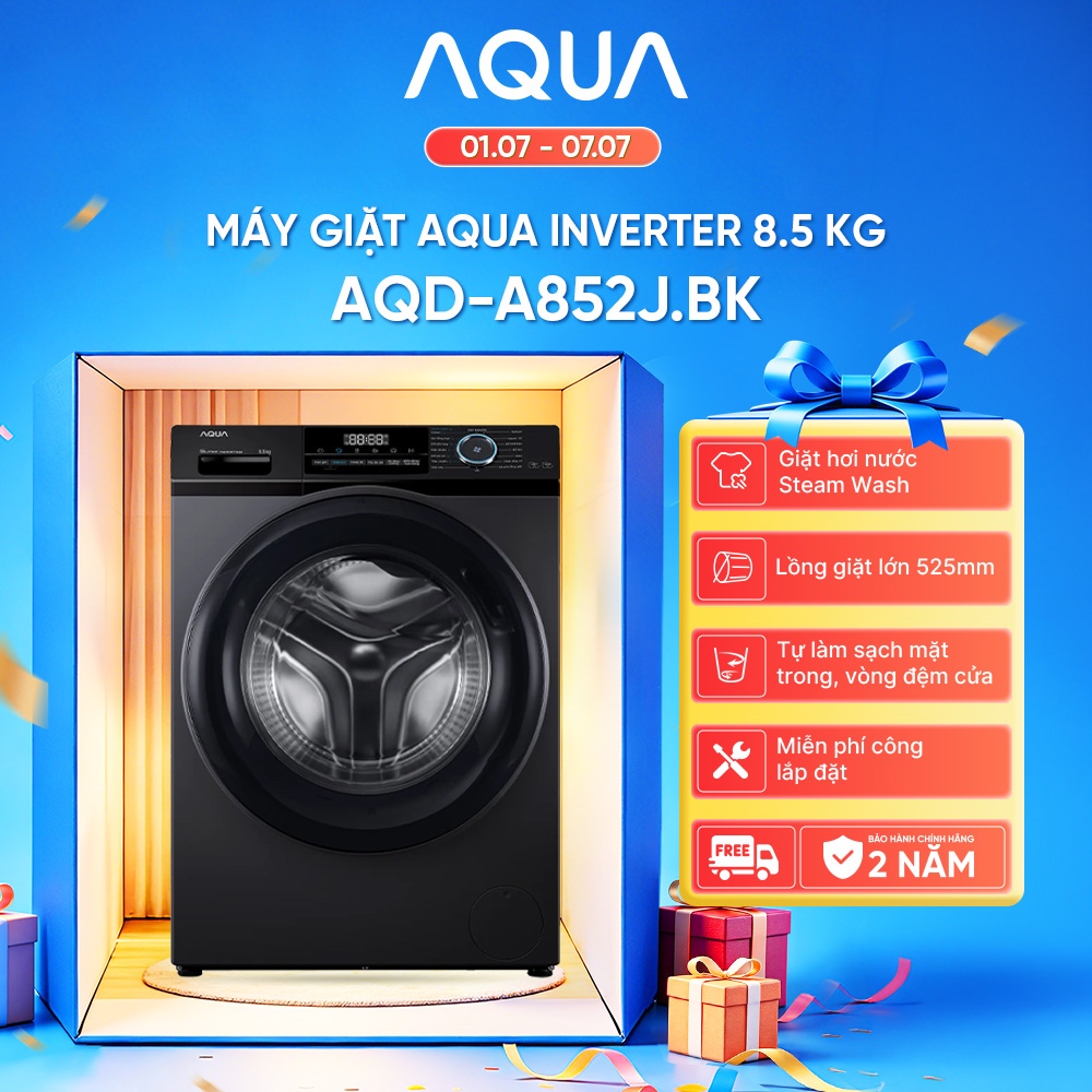Máy giặt cửa trước Aqua Inverter 8.5KG AQD-A852J.BK - Miễn phí giao hàng toàn quốc - Hỗ trợ lắp đặt