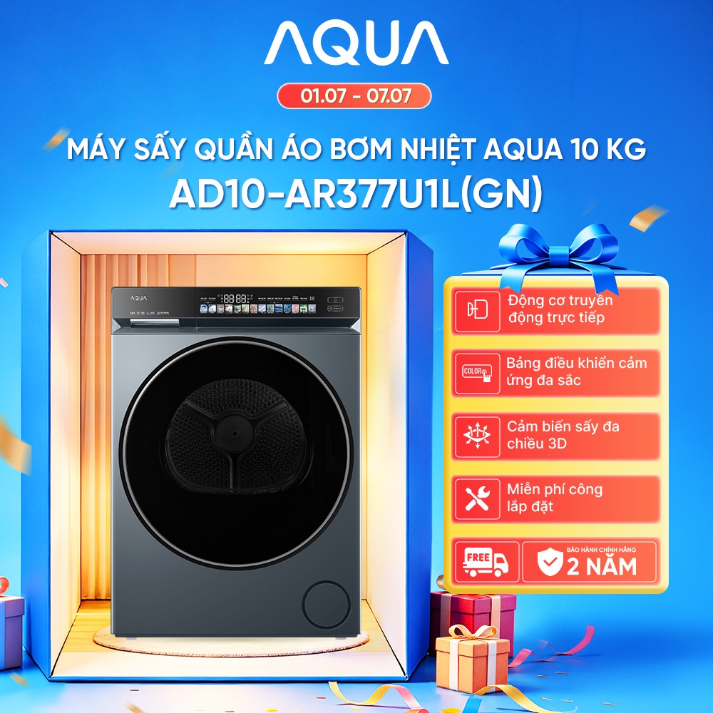 Máy sấy bơm nhiệt Aqua Inveter 10 kg AD10-AR377U1L(GN) - Freeship toàn quốc - Bảo hành 2 năm
