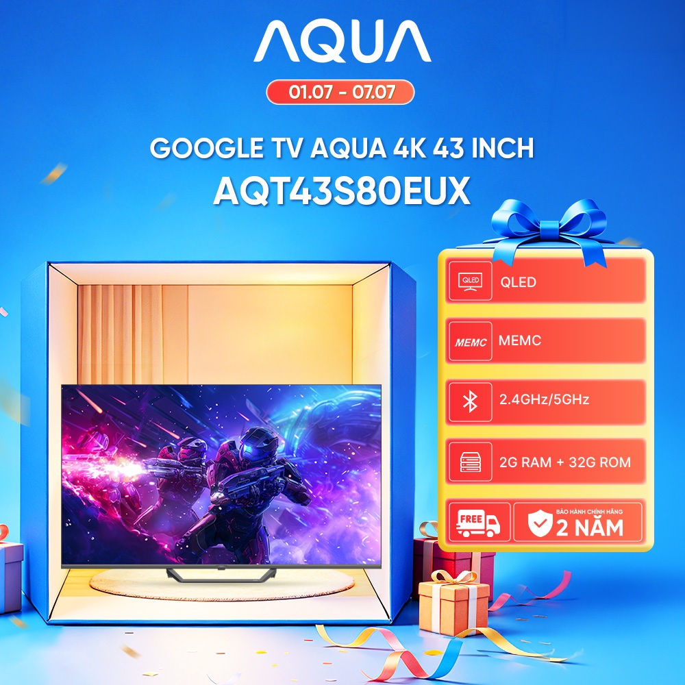 Google Tivi Aqua QLED 4K 43 inch AQT43S80EUX - Freeship toàn quốc - Bảo hành 1 đổi 1 trong 730 ngày đối với lỗi màn hình