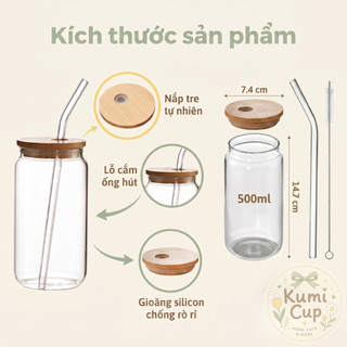 Ly Thủy Tinh 16oz Dán Decal Kèm Nắp Tre, Ống Hút, Cọ Rửa 500ml | Ly Matcha, Cà Phê, Trà Sữa Home Cafe