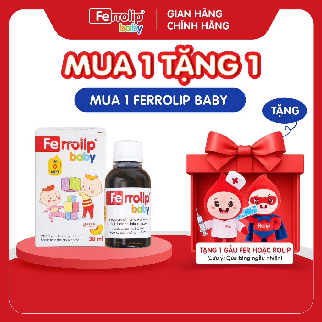 [ MUA 1 TẶNG 1] Sắt Ferrolip Baby  - Sắt Bisglycinate Dễ Hấp Thu, Không Tanh, Vị Đào Dễ Uống  Tặng Gấu Fer Hoặc Rolip