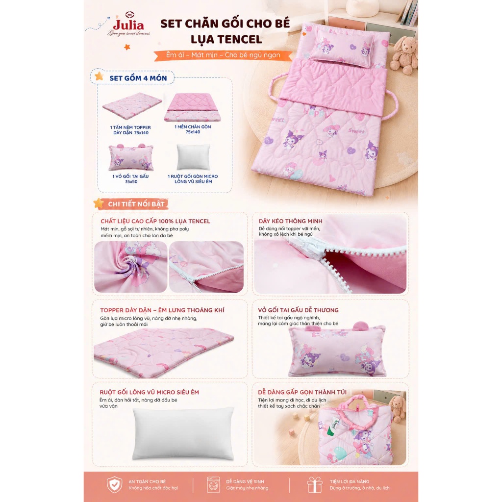 SET CHĂN GỐI ĐI HỌC CHO BÉ – 100% TỪ LỤA TENCEL GỖ SỒI - SET LỤA TENCEL CHĂN GỐI EM BÉ