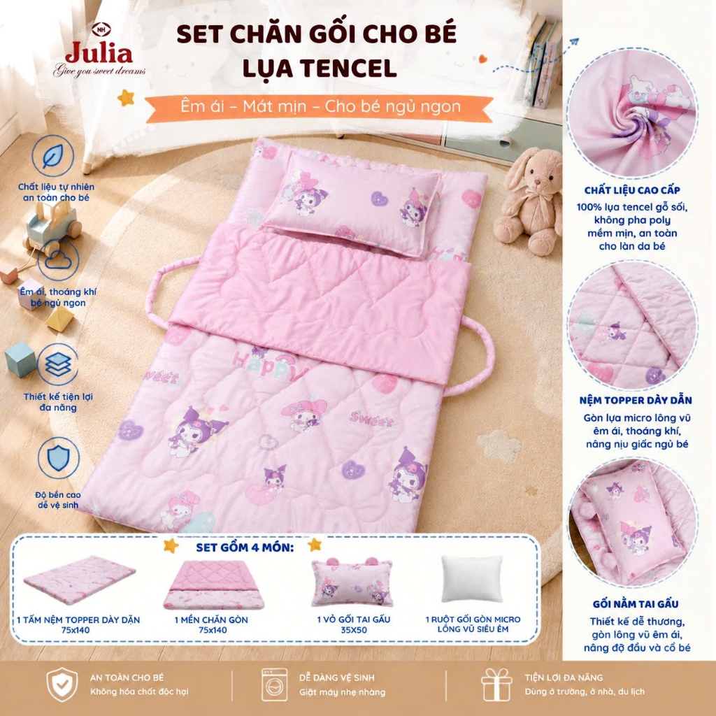 SET CHĂN GỐI ĐI HỌC CHO BÉ – 100% TỪ LỤA TENCEL GỖ SỒI - SET LỤA TENCEL CHĂN GỐI EM BÉ