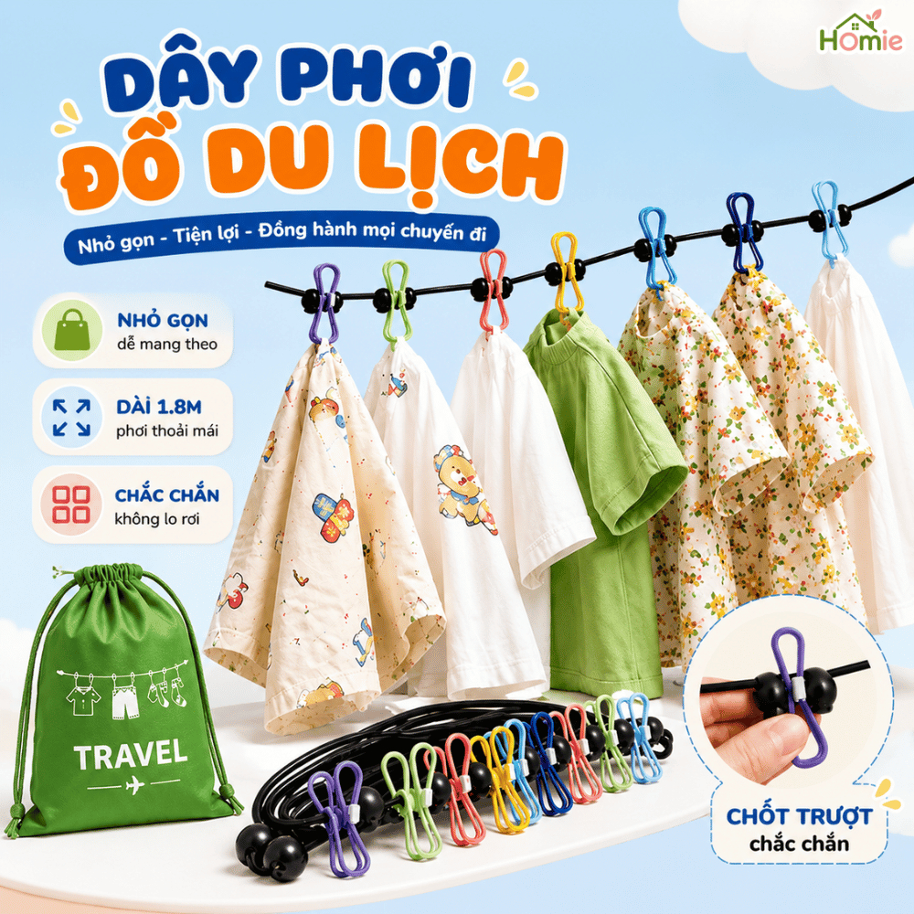 Dây Phơi Đồ Du Lịch Co Giãn 1.8–3.5m HOMIE Dây Treo Quần Áo 12 Kẹp Chống Gió Tiện Lợi Cắm Trại Du Lịch