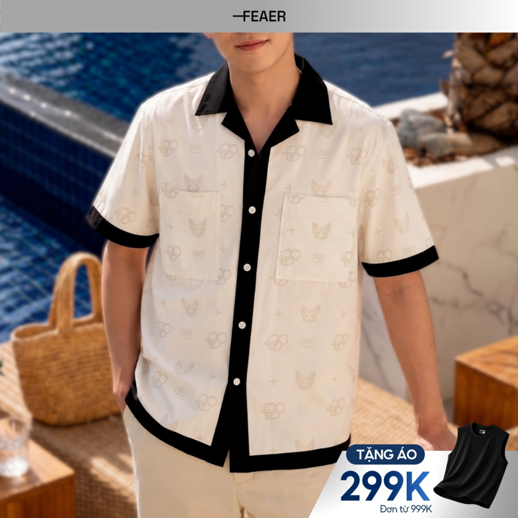 Áo sơ mi REPEAT nam phối viền đen nổi bật, họa tiết monogram hiện đại, chất vải Poplin Polyester giữ form tốt - FEAER