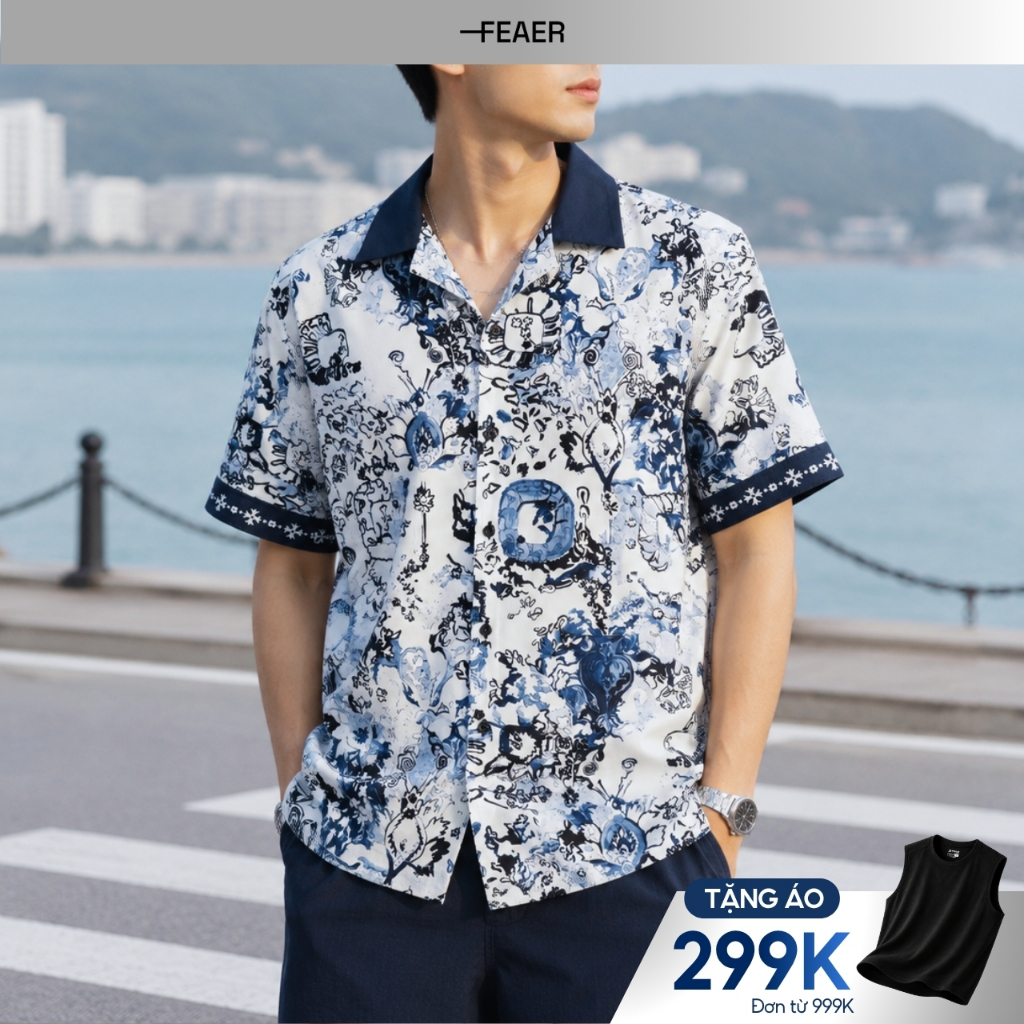 Sơ mi LORIEN họa tiết Porcelain Ink xanh navy nghệ thuật, chất vải Lụa Chéo mềm rũ cao cấp, phối cổ sang trọng - FEAER