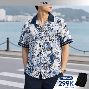 Sơ mi LORIEN họa tiết Porcelain Ink xanh navy nghệ thuật, chất vải Lụa Chéo mềm rũ cao cấp, phối cổ sang trọng - FEAER