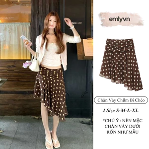 EMLY - Chân Váy Voan Chấm Bi Vạt Chéo Vintage Nữ, Váy Voan Chấm Bi Nâu Dáng Xòe Hàn Quốc