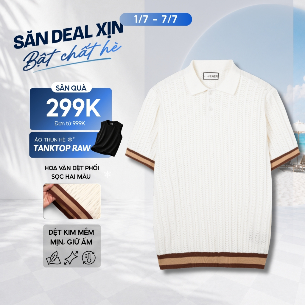 Áo polo dệt kim KNITZ tay ngắn phối sọc thời thượng, phong cách Hàn Quốc, sang trọng, thanh lịch - FEAER