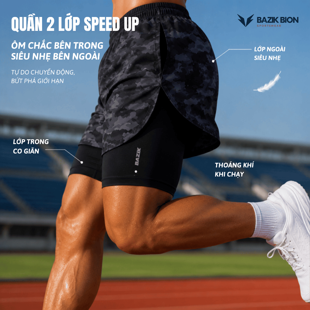 Quần Short 2 lớp Nam BAZIK Speed Up 2in1 Có Bigsize Thoáng Khí Thấm Hút, Nhanh Khô, Thoải Mái Chạy Bộ, Tập Gym - Q02