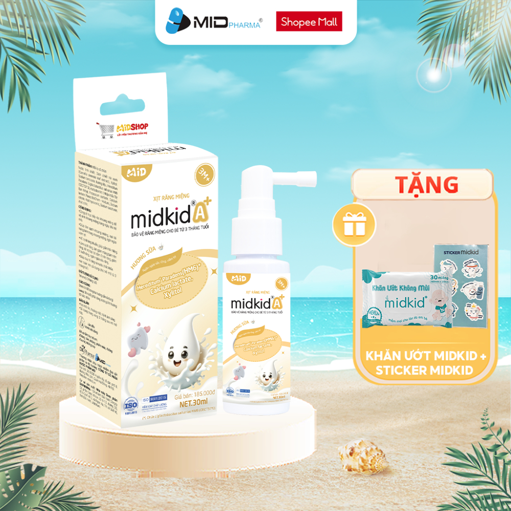 Xịt chống sâu răng Midkid A+ cho trẻ từ 3 tháng nuốt an toàn giúp ngừa sâu răng, tưa nấm lưỡi, sạch thơm miệng, lọ 30ml