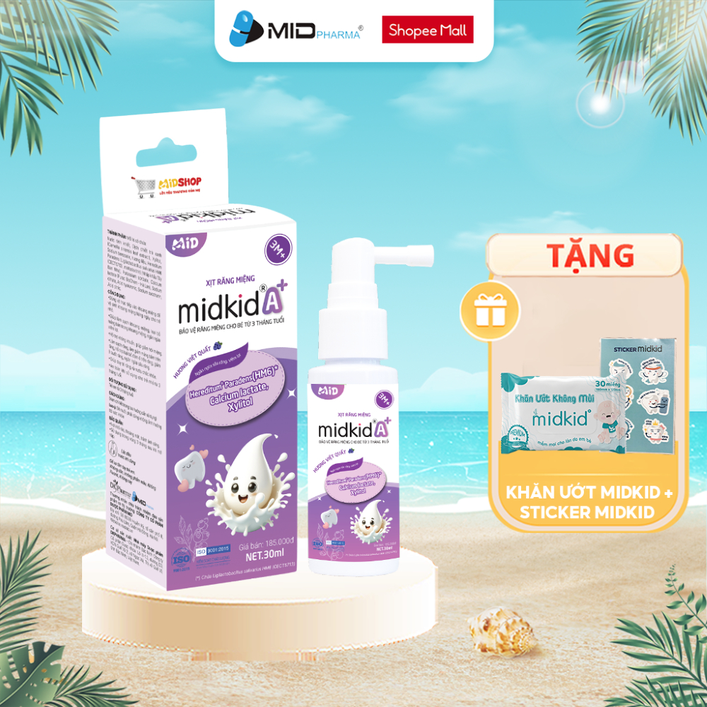Xịt chống sâu răng Midkid A+ cho trẻ từ 3 tháng nuốt an toàn giúp ngừa sâu răng, tưa nấm lưỡi, sạch thơm miệng, lọ 30ml