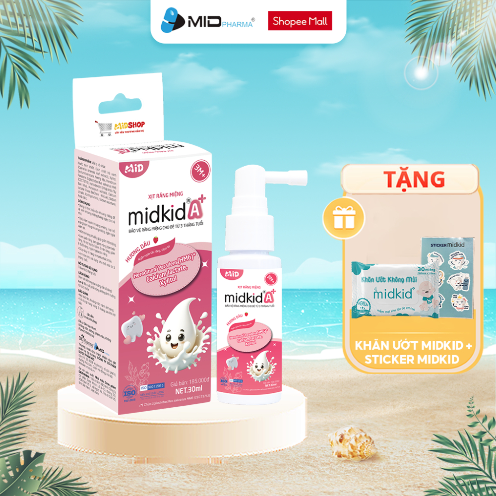 Xịt chống sâu răng Midkid A+ cho trẻ từ 3 tháng nuốt an toàn giúp ngừa sâu răng, tưa nấm lưỡi, sạch thơm miệng, lọ 30ml