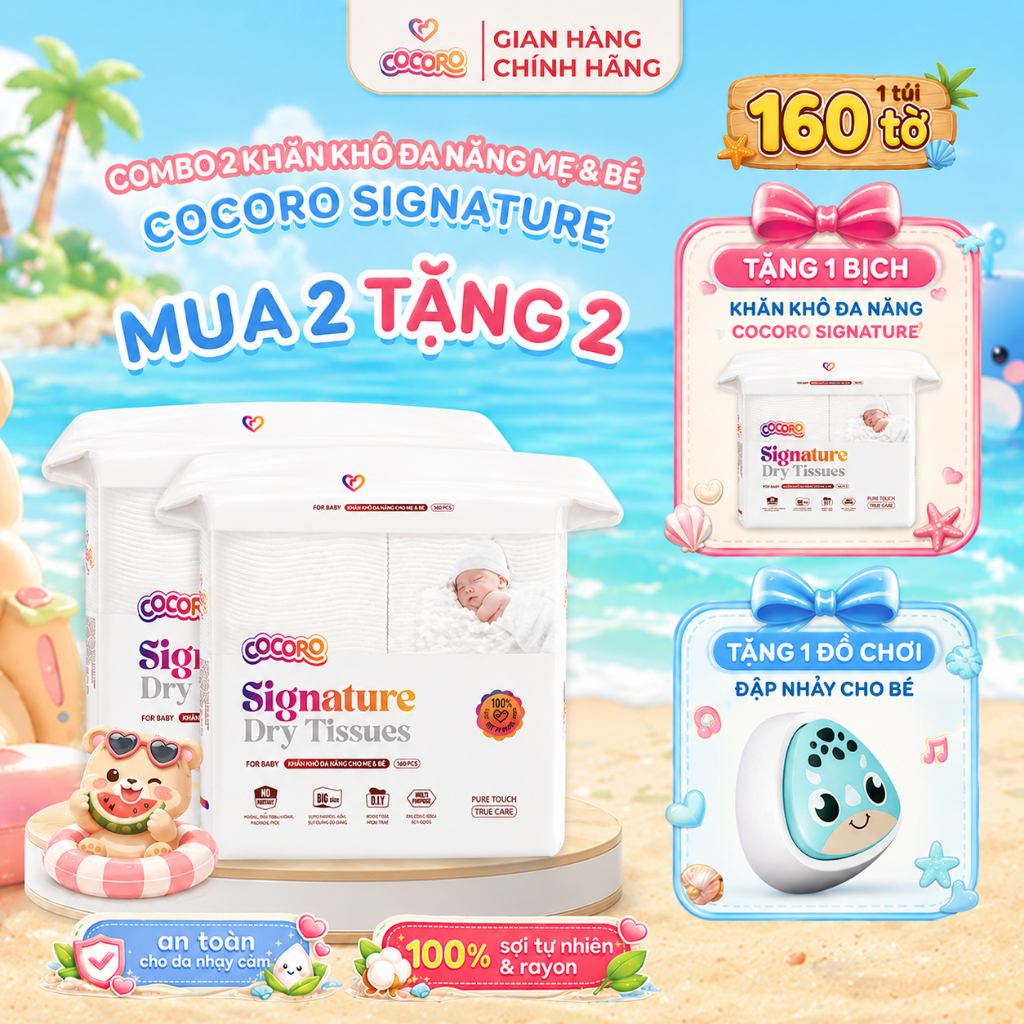 [MUA 2 TẶNG 2] Khăn Khô Đa Năng Cocoro Signature Cho Bé - Tiệt Trùng UV Từng Tờ, Siêu Mềm - 160 tờ/bịch