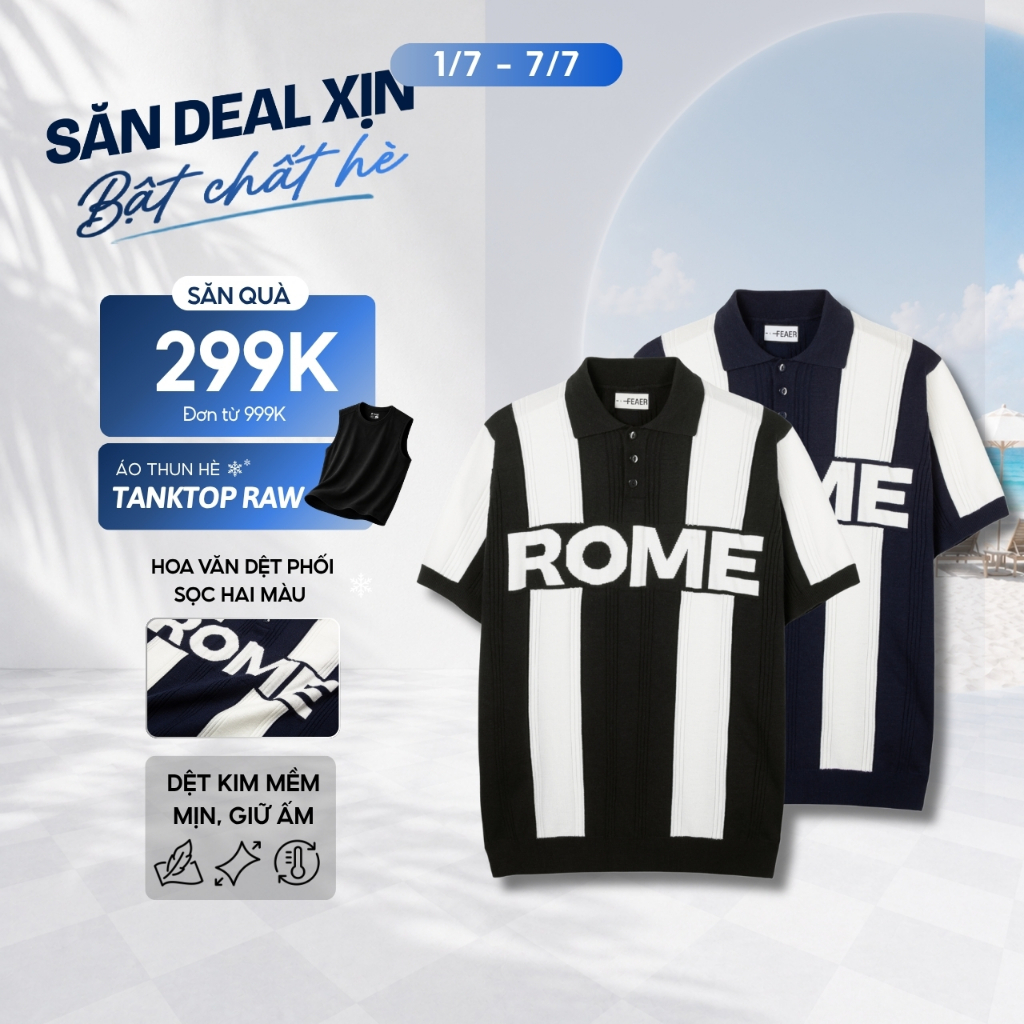 Áo polo dệt kim ROME tay ngắn, hoạ tiết chữ độc đáo, vải knit cao cấp, phối sọc năng động, hiện đại - FEAER
