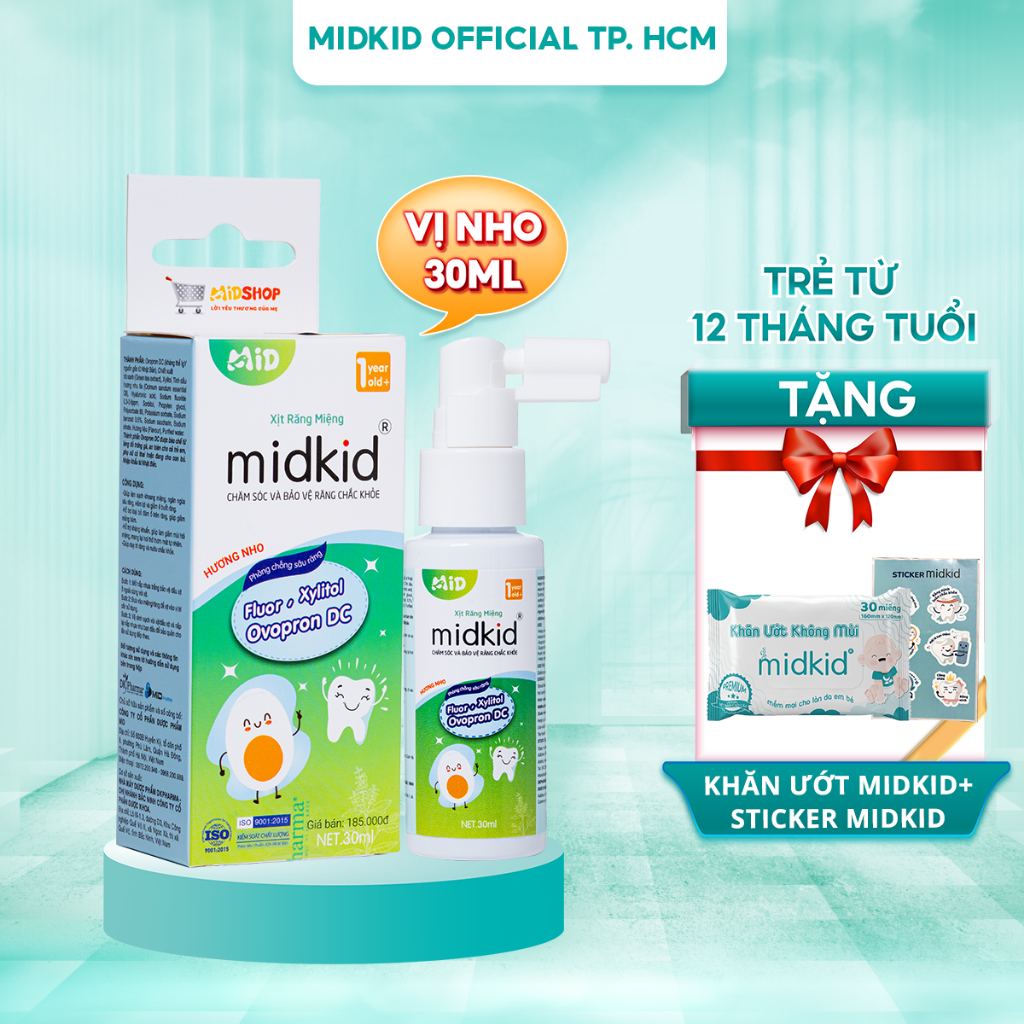 Xịt chống sâu răng Midkid cho trẻ từ 1 tuổi, vị Nho 30m an toàn, giúp làm sạch và bảo vệ men răng, loại bỏ mảng bám đen