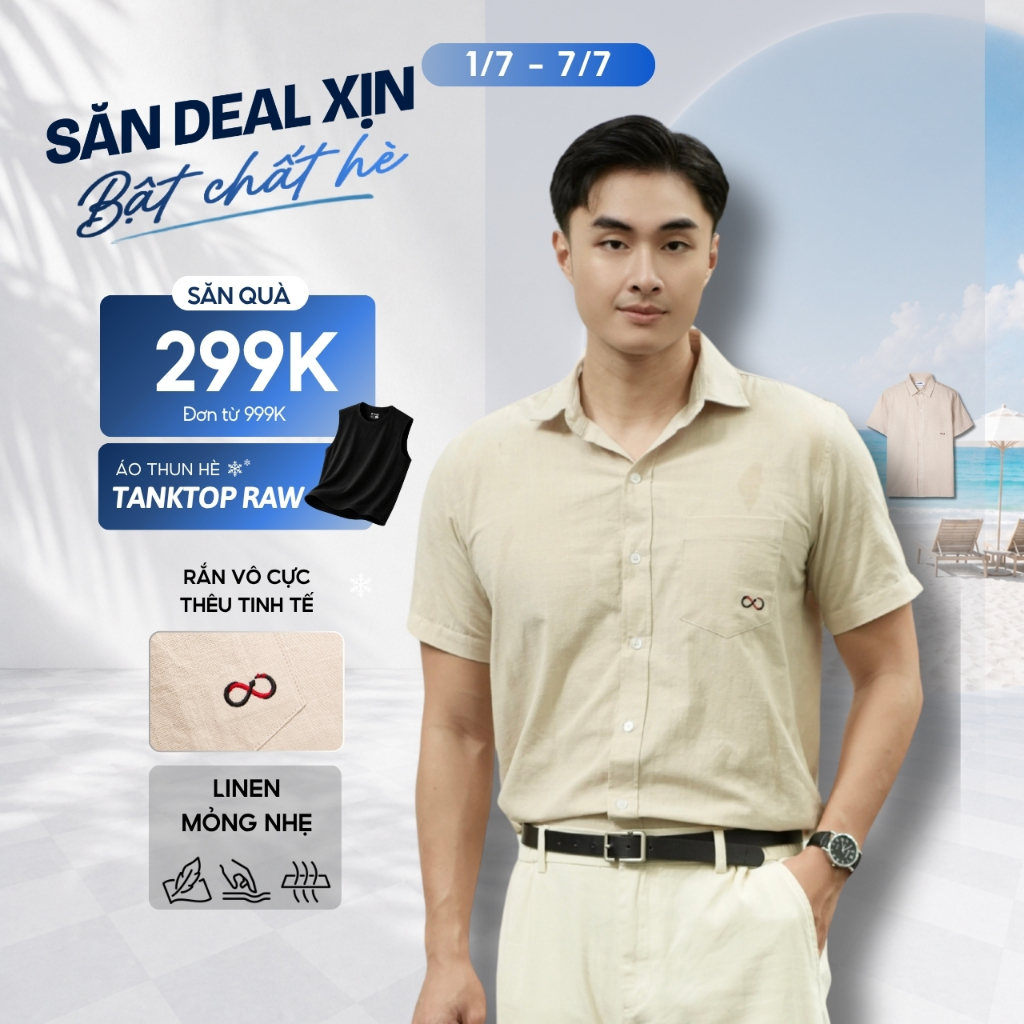 Áo sơ mi nam ngắn tay Loop vải linen mềm nhẹ, thoáng mát, cổ đứng, chất vải xốp, thêu logo tinh - FEAER