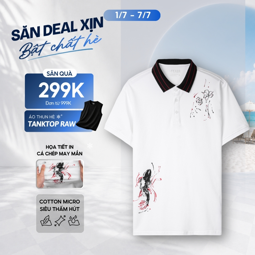 Áo polo LEAP họa tiết in cá chép và hoa nghệ thuật, vải Cotton Micro thấm hút, dày dặn đứng form, thanh lịch - FEAER