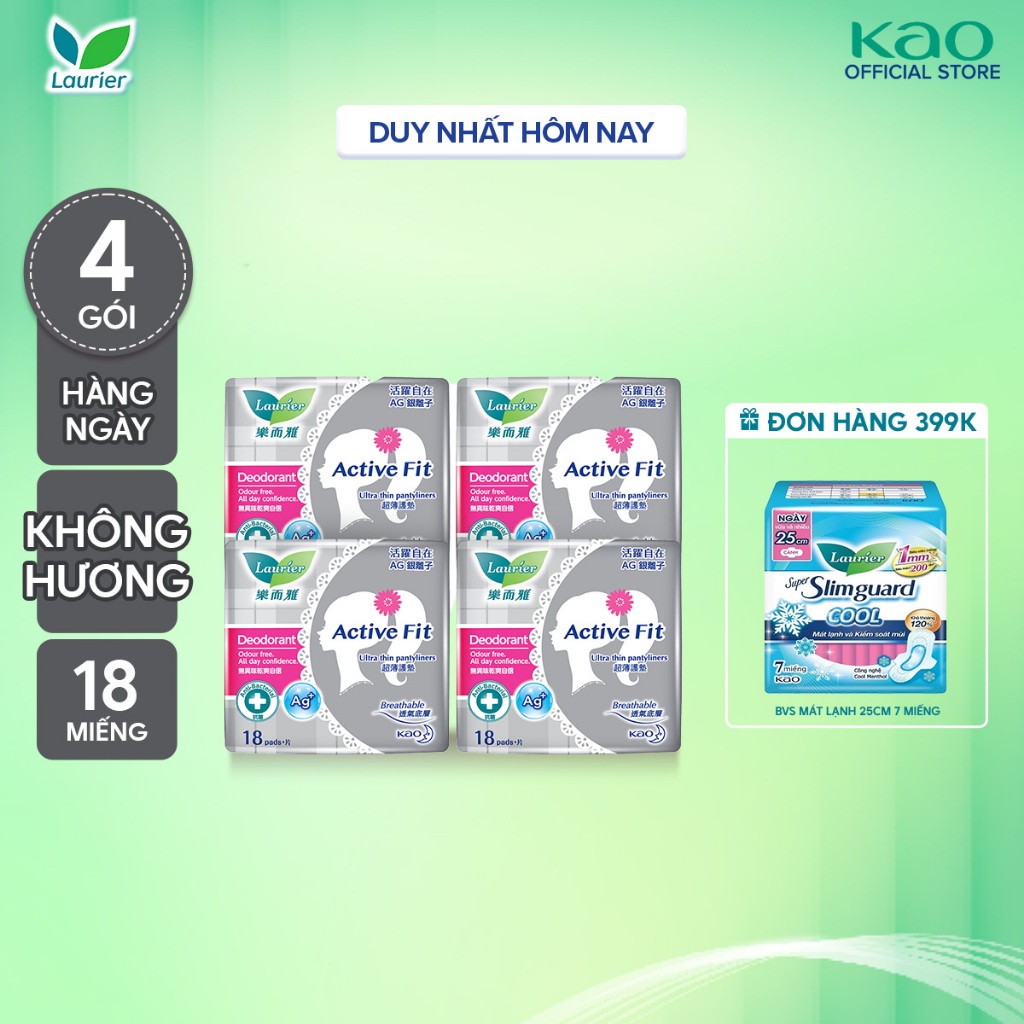 Combo 4 Băng vệ sinh hàng ngày Laurier Active Fit khử mùi kháng khuẩn 18 miếng