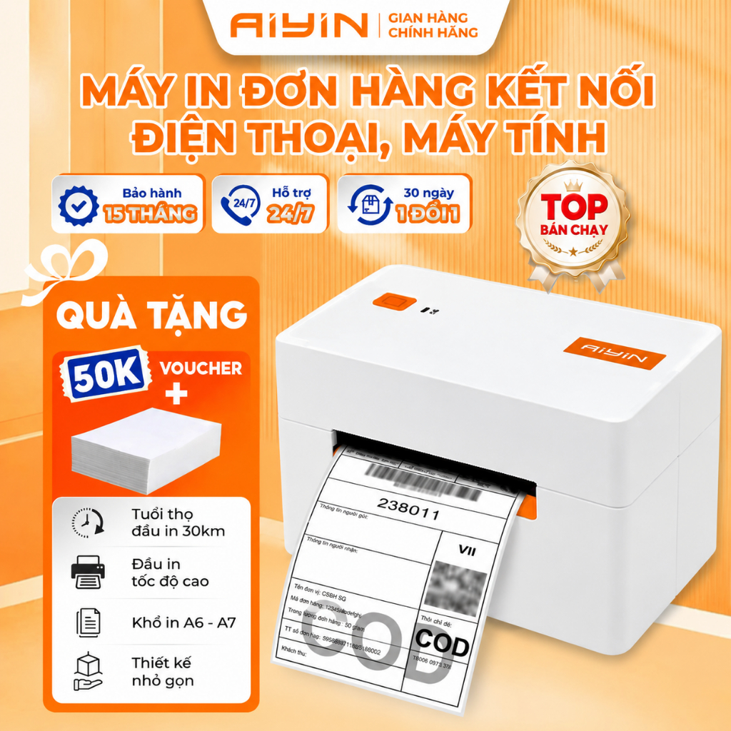 Máy In Nhiệt Bluetooth AYIN Khổ A6 A7, Máy In Đơn Hàng TMĐT, In Mã Vận Đơn, In Logo BH 15 Tháng
