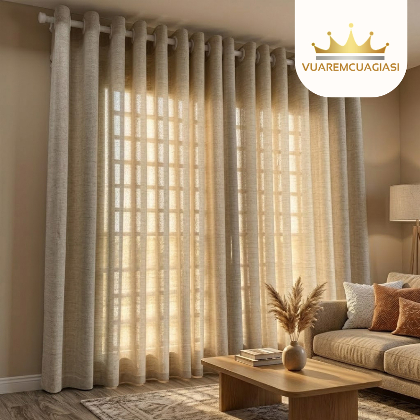 Rèm cửa cao cấp màu Be vải voan linen mềm mịn, lọc sáng nhẹ, trang trí cửa sổ cửa đi Vuaremgiasi