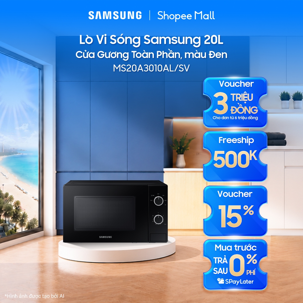 Lò Vi Sóng Samsung 20L MS20A3010AL/SV - Cửa Gương Toàn Phần, màu Đen