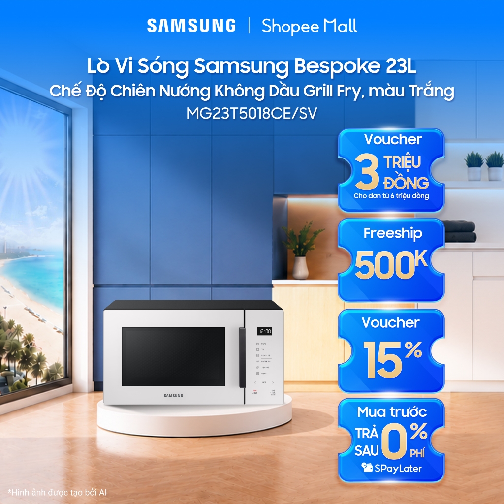 Lò Vi Sóng Samsung Bespoke 23L MG23T5018CE/SV - Chế Độ Chiên Nướng Không Dầu Grill Fry, màu Trắng
