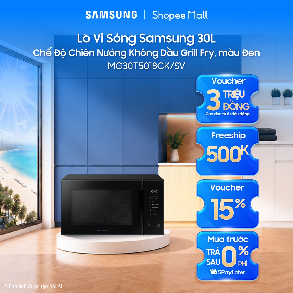 Lò Vi Sóng Samsung 30L MG30T5018CK/SV - Chế Độ Chiên Nướng Không Dầu Grill Fry, màu Đen
