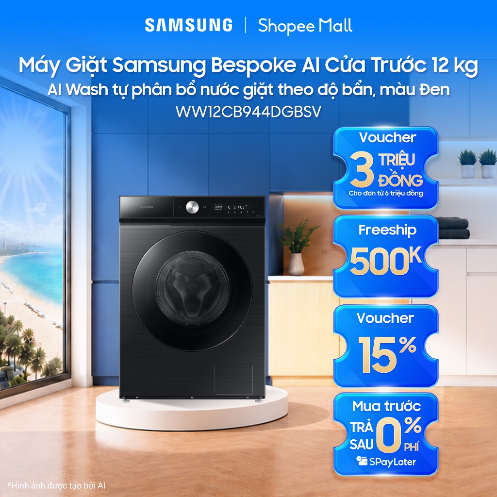 Máy Giặt Samsung Bespoke AI Cửa Trước 12 kg WW12CB944DGBSV - AI Wash tự phân bổ nước giặt theo độ bẩn, màu Đen
