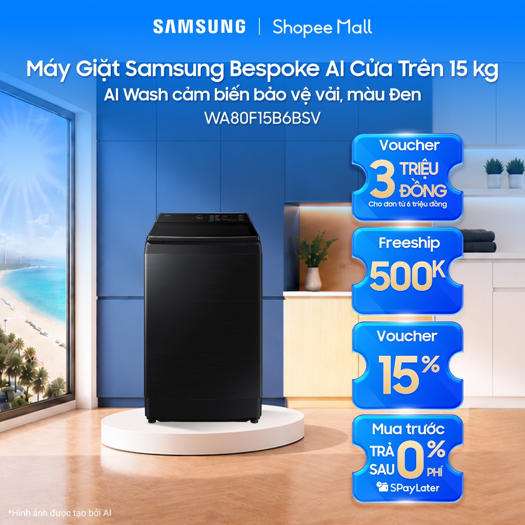 Máy Giặt Samsung Bespoke AI Cửa Trên 15 kg WA80F15B6BSV - AI Wash cảm biến bảo vệ vải, màu Đen