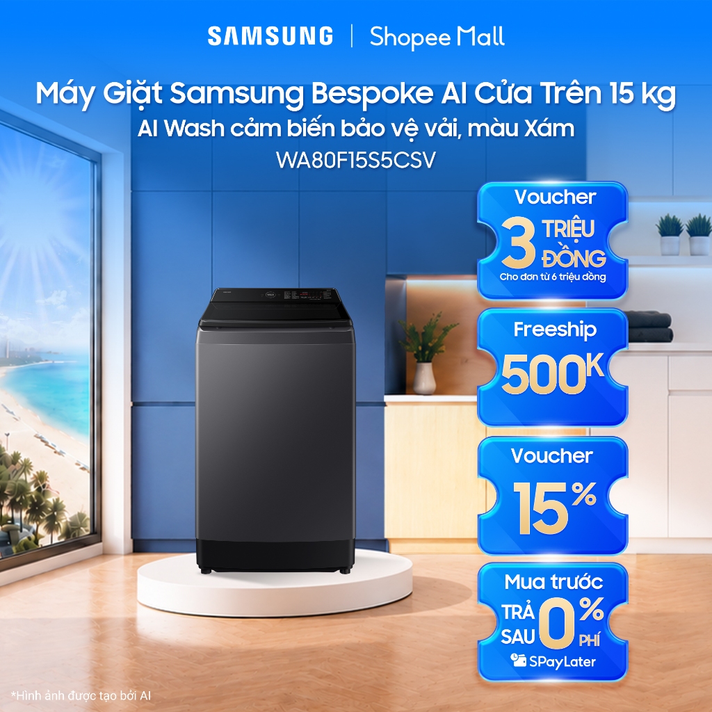 Máy Giặt Samsung Bespoke AI Cửa Trên 15 kg WA80F15S5CSV - AI Wash cảm biến bảo vệ vải, màu Xám