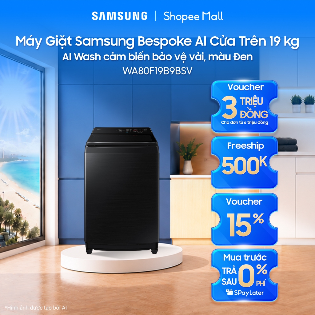 Máy Giặt Samsung Bespoke AI Cửa Trên 19 kg WA80F19B9BSV - AI Wash cảm biến bảo vệ vải, màu Đen