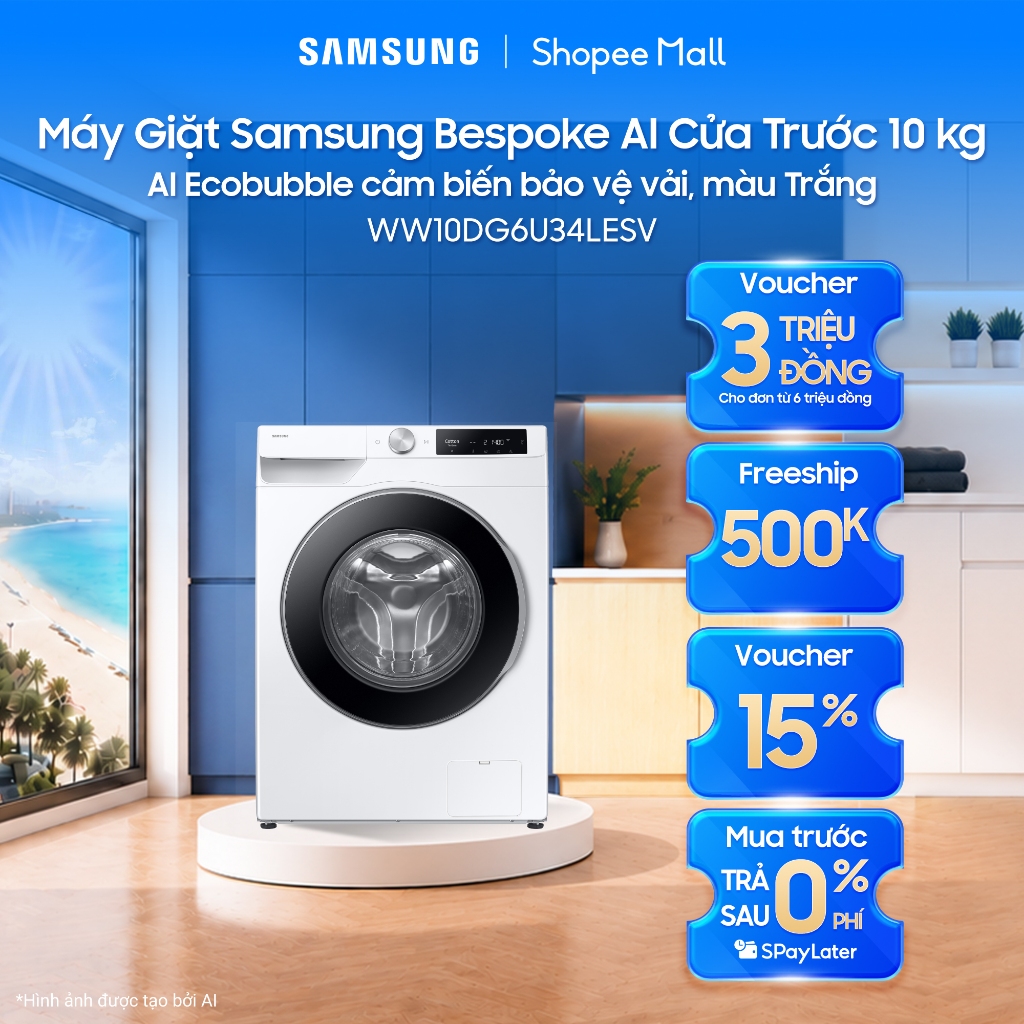 Máy Giặt Samsung Bespoke AI Cửa Trước 10 kg WW10DG6U34LESV - AI Ecobubble cảm biến bảo vệ vải, màu Trắng