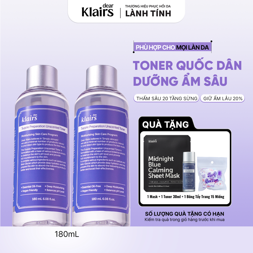 [KOL] Combo 2 Nước hoa hồng Dear, Klairs Supple Preparation Unscented Toner hỗ trợ sáng da 180ml