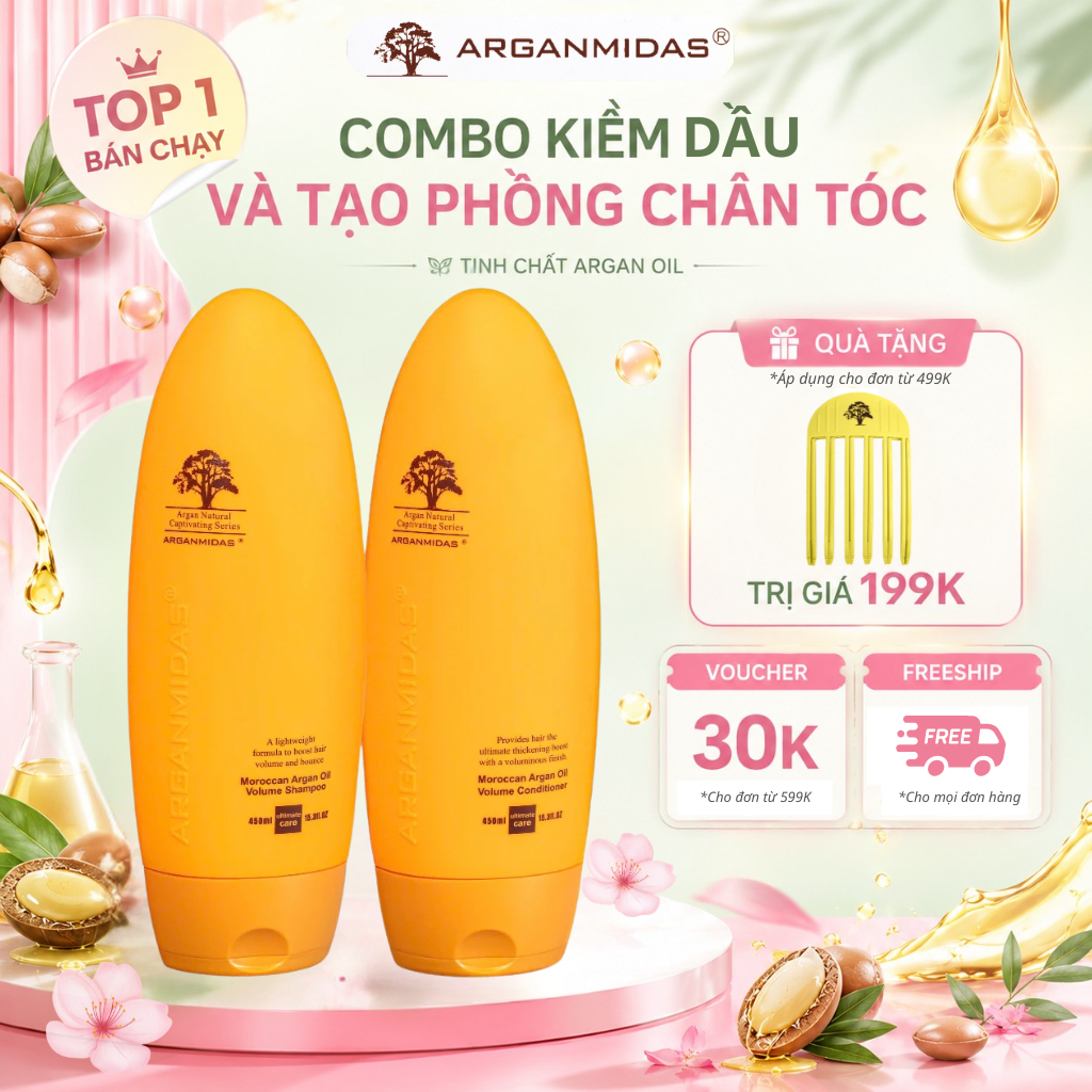 [BẢN MỚI] Combo dầu gội xả kiềm dầu tạo độ phồng tóc Arganmidas - Kiềm dầu chống bết, kiểm soát dầu da đầu
