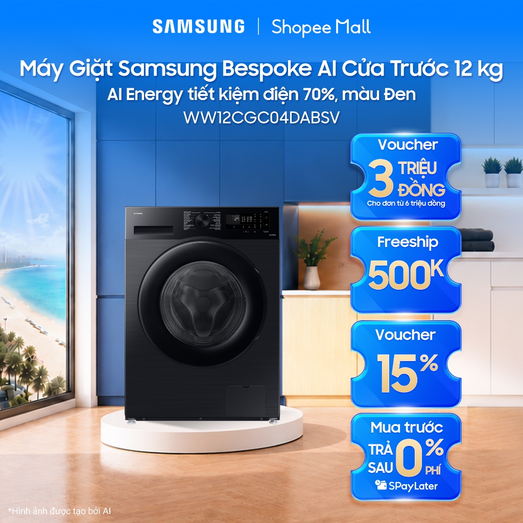 Máy Giặt Samsung Bespoke AI Cửa Trước 12 kg WW12CGC04DABSV -  AI Energy tiết kiệm điện 70%, màu Đen