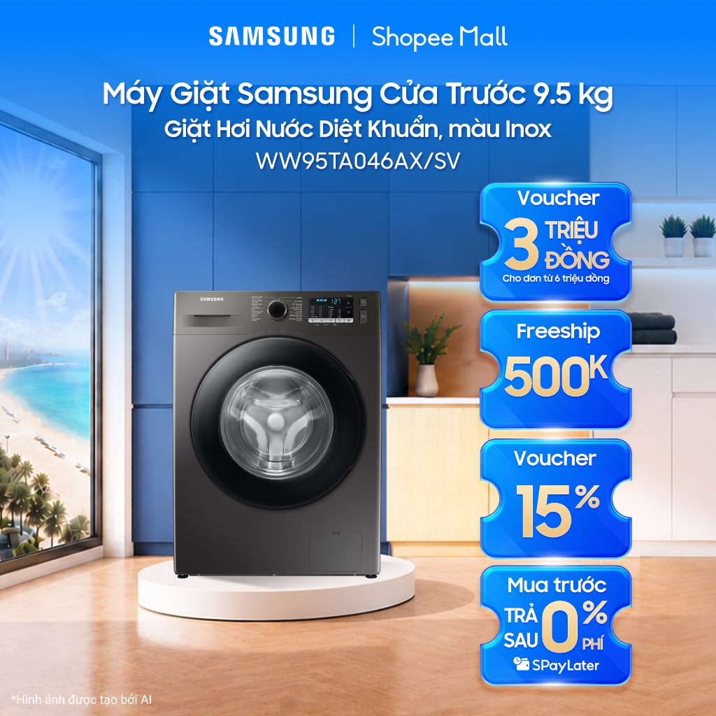 Máy Giặt Samsung Cửa Trước 9.5 kg WW95TA046AX/SV -  Giặt Hơi Nước Diệt Khuẩn, màu Inox