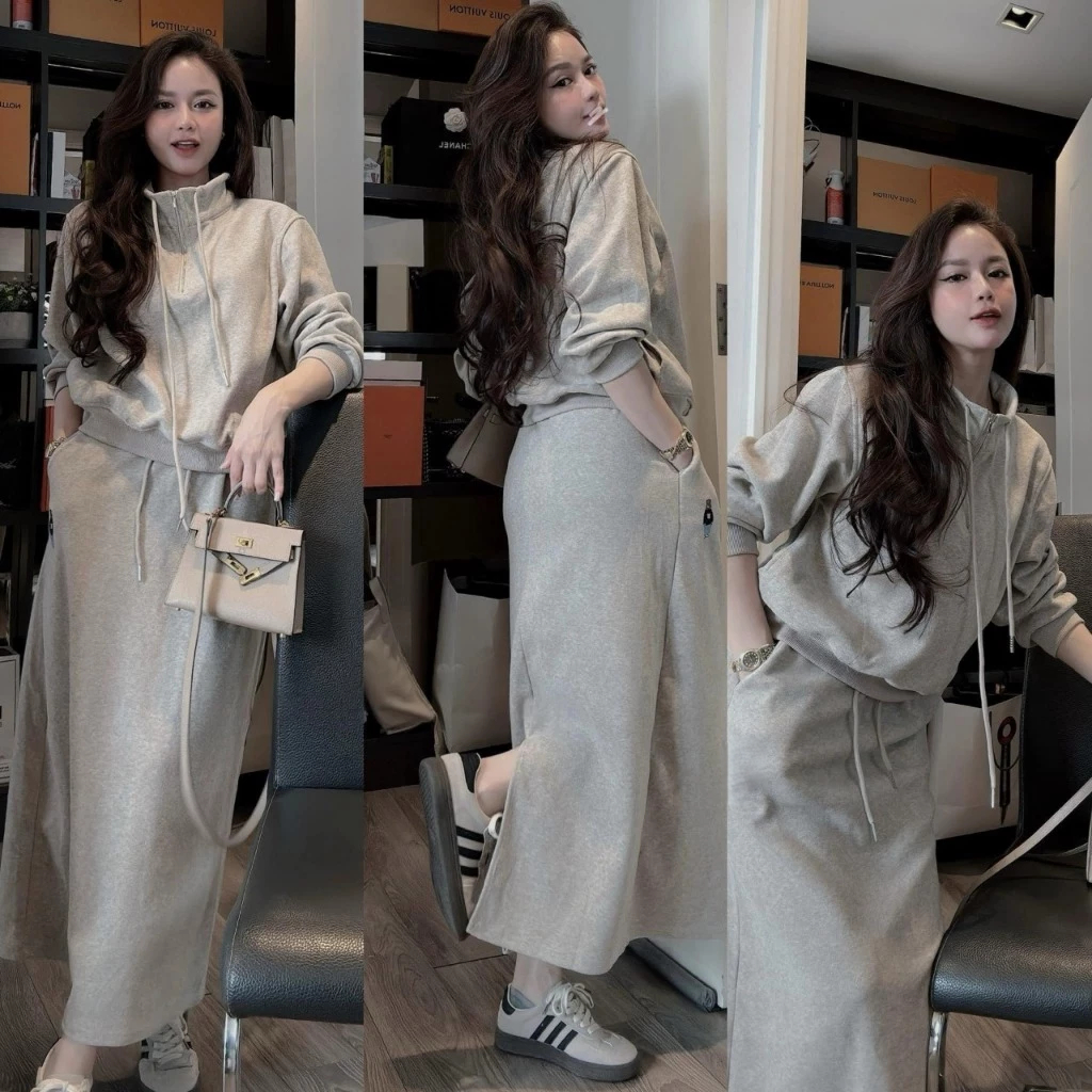 sét đồ nữ mùa đông, áo nỉ nữ dài tay cổ bẻ kéo khóa phối chân váy dài body siêu xinh Donna hcom3694