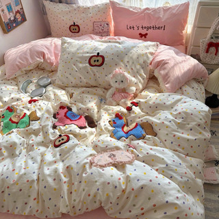 [Tặng Vỏ Ôm Mở Bán] Set 4 Món Chăn Ga Gối Đũi Thêu Xù Vintage Xinh Yêu Cho Gia Đình - Decor Phòng Ngủ Dễ Thương, Mát Mẻ